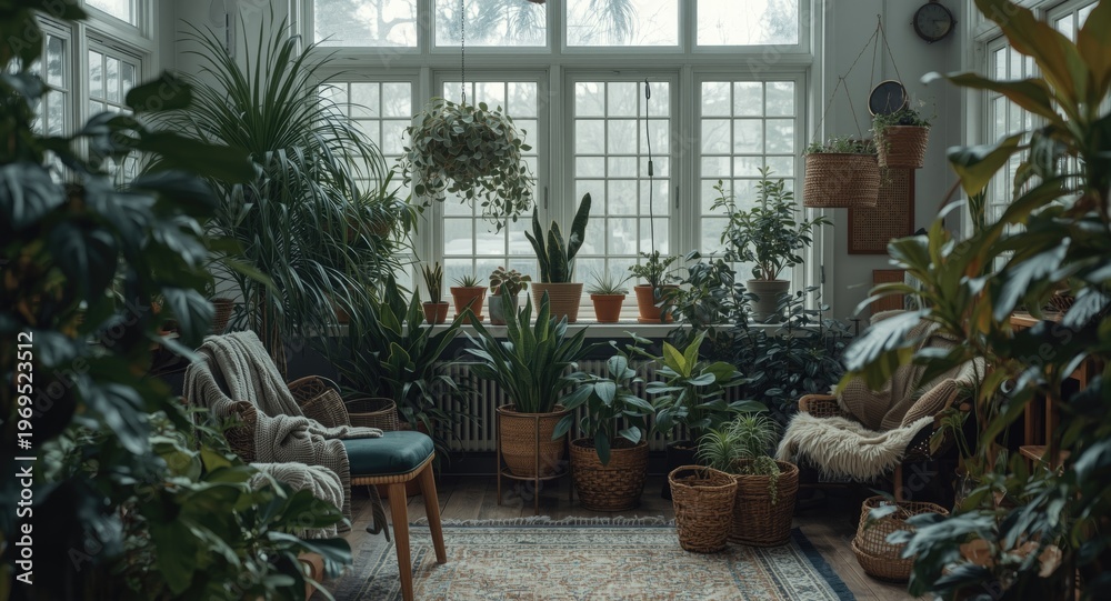 Fototapeta premium Scandinavian interior winter garden featuring a variety of houseplants in retro style