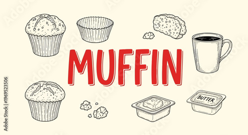 Muffin bakery food illustration with coffee.