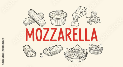Vintagestyle illustration Mozzarella cheese and various food items.