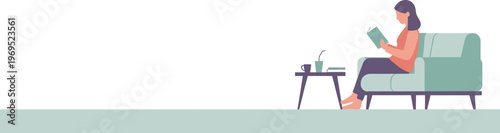 A tranquil illustration of a young woman finding quiet enjoyment and personal comfort while immersed in reading on her home sofa