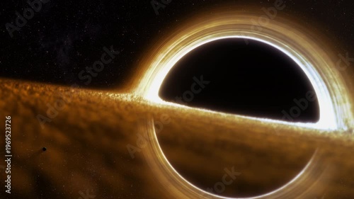 Supermassive black hole event horizon golden accretion disk gravitational lensing, warped spacetime, swirling plasma, deep space stars, cinematic cosmos, astrophysics concept, sci fi background