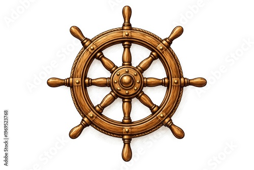 Intricately sketched wooden ship wheel cartoon on a crisp white background with maritime design element