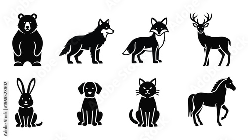 A collection of eight animal silhouettes a bear wolf fox deer rabbit dog cat and horse silhouette high quality professional detailed