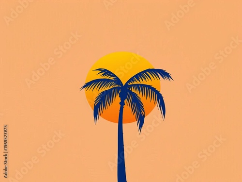 Simple line art illustration of a palm tree against a sunset,  icon,  beach