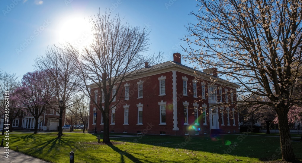 Fototapeta premium Springtime building scene featuring radiant sunlight and blue sky