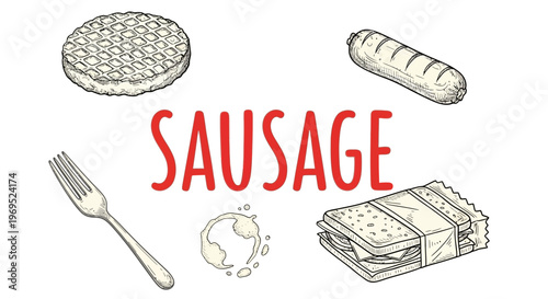Vintagestyle illustration Sausage food illustration with bun and fork.