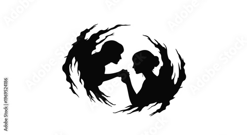 Silhouetted figures in a yin-yang embrace, representing duality and connection.