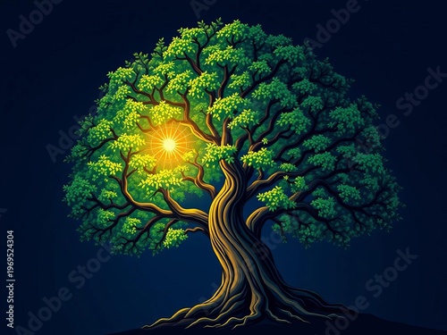 Stylized tree with a single glowing orb at its core, representing knowledge or a central idea, glowing tree,  concept
