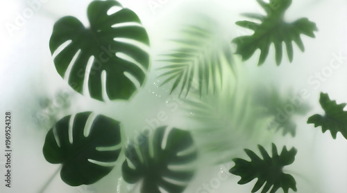 Lush tropical monstera and palm leaves silhouettes behind frosted glass with soft light, creating a minimalist botanical background for wellness and spa.