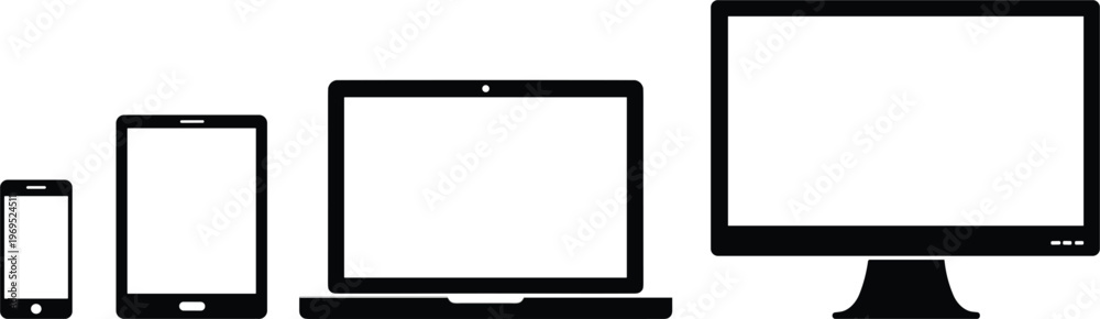 Obraz premium Computer, Laptop, Tablet, and Smartphone Vector Mockups