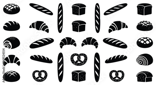 Assortment of freshly baked bread and pastries in a repeating pattern.