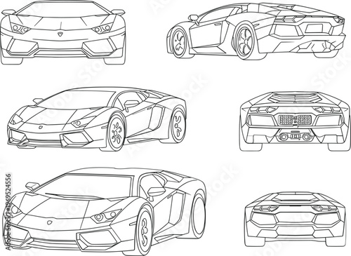 Luxury Supercar Line Art Vector Set - Multiple View Angles