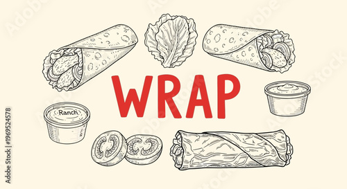 Tasty food wrap with ingredients around.
