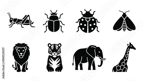 A collection of various animal icons including insects and mammals presented in a stark black style silhouette high quality professional detailed