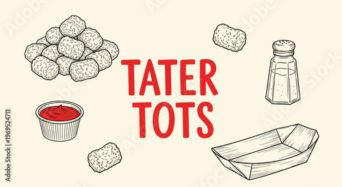 line art illustration of various Tater tots with dipping sauce.