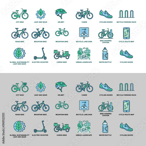 Bicycles and Cycling Equipment Icons.
