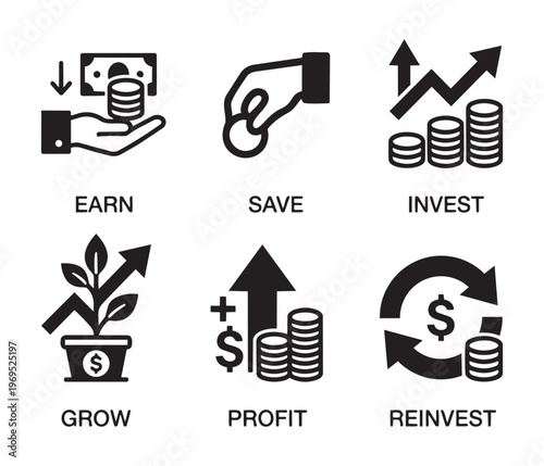 Finance and money vector illustration set showing earn save invest grow profit and reinvest