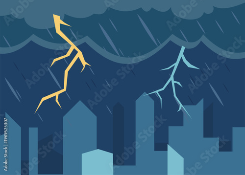 Thunderstorm Lightning Strikes Over City Skyline Vector Illustration Scene