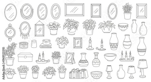 Collection of Hand-Drawn Decorative Objects and Plants.