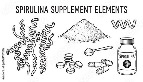 Spirulina supplement elements including powder capsules tablets and bottle vector illustration set