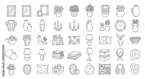 Collection of Hand-Drawn Decorative Objects and Plants.