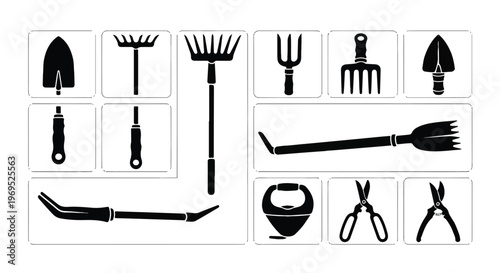 Collection of various gardening tools and equipment in silhouette form.