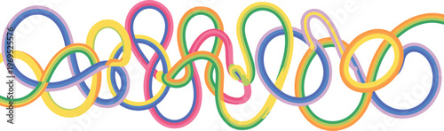 Abstract colorful interlocking wave pattern background with vibrant fluid lines in blue yellow pink and green on transparent grid.