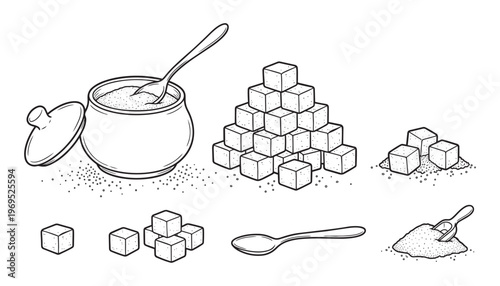 Sugar cubes and granulated powder set with bowl spoon and scoop objects vector illustration icons