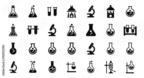 Collection of various laboratory glassware and microscope icons for scientific research.