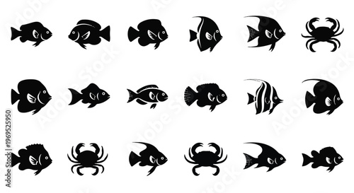 Collection of various fish and crab silhouettes in black and white.
