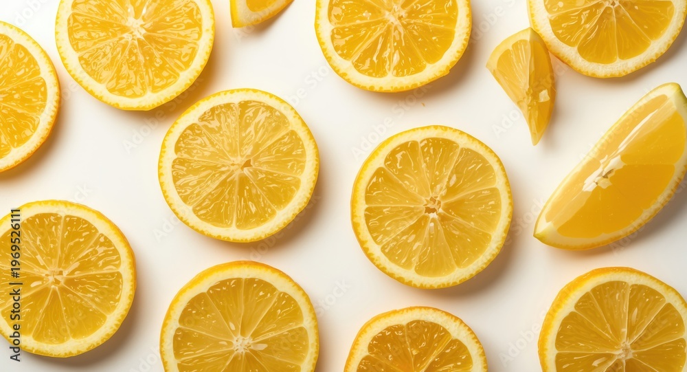 Fototapeta premium Yellow lemon and its sliced portions set on an immaculate white background
