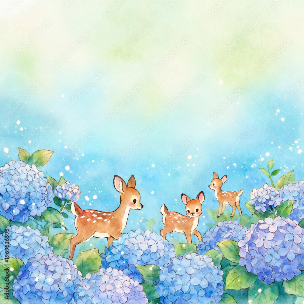 Fototapeta premium Cute Fawns Hydrangea Watercolor Art Illustration