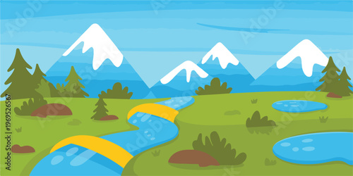 Vibrant cartoon landscape with snow capped mountains, flowing river and lush green meadow, serene nature illustration with trees and ponds.