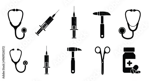 Medical tools and equipment icons set.