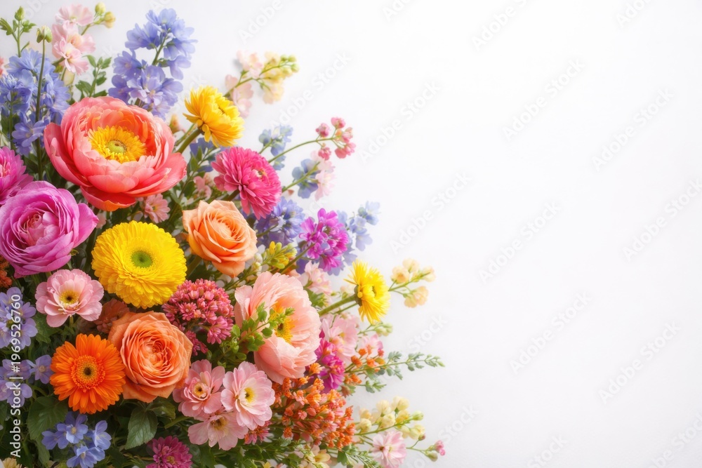 Fototapeta premium Bright floral arrangement on a clean white background with copy space