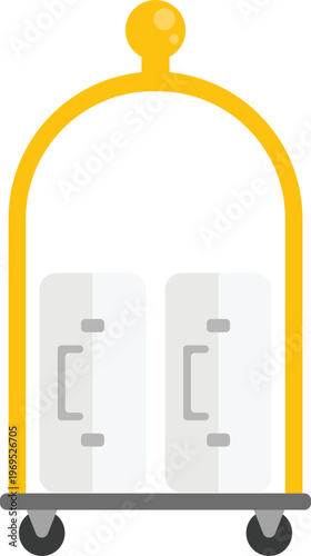 Vector illustration of a classic gold-framed hotel bellboy trolley carrying two modern white suitcases. Ideal for use in travel agency websites, hotel booking apps, and tourism brochures