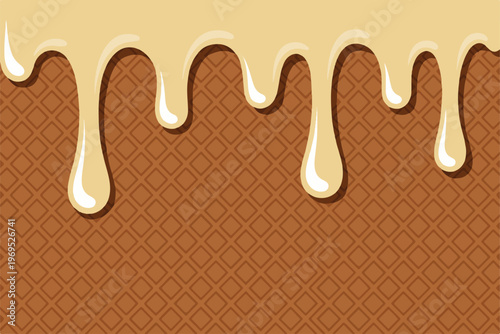 Delicious waffle cone with dripping creamy topping, sweet dessert background, appetizing confection illustration for food themes.