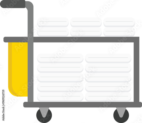 Vector illustration of a housekeeping trolley meticulously stocked with neat stacks of fresh white towels. Perfect for use in cleaning service websites, and hotel management training modules