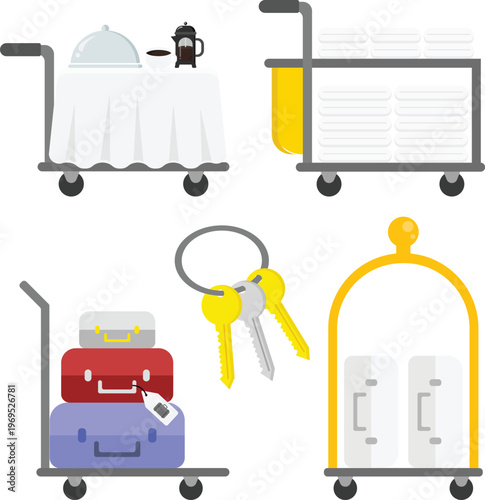 Vector set featuring essential tools for the hospitality and hotel industry. Perfect for hospitality training materials, travel websites, hotel management apps, and tourism-related graphic design.