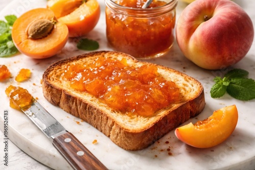 Apricot jam dolloped on toa...
