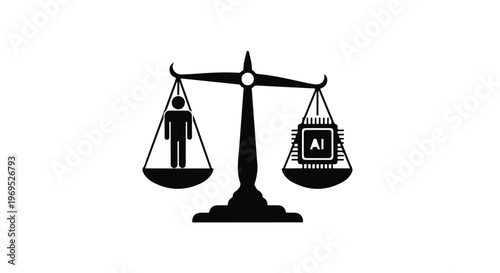 Scales of justice balance human and artificial intelligence, representing technology's impact on society and fairness.