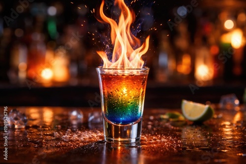 Flaming Cocktail in Shot Gl...