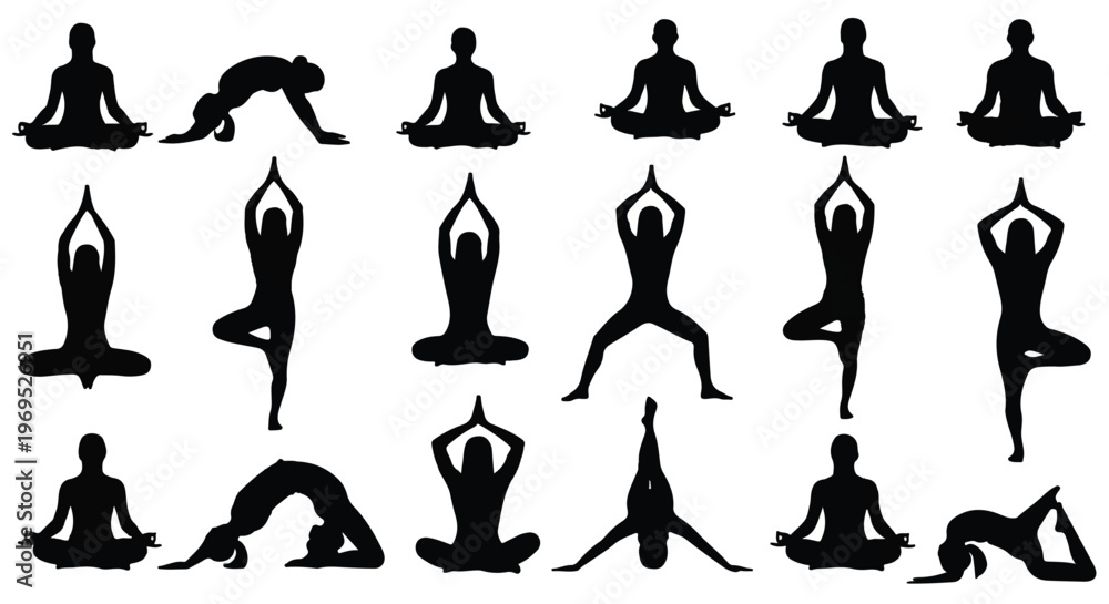 Εκτύπωση καμβά Collection of various yoga poses in silhouette form for health and wellness