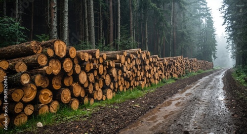 Rows of chopped logs next t...