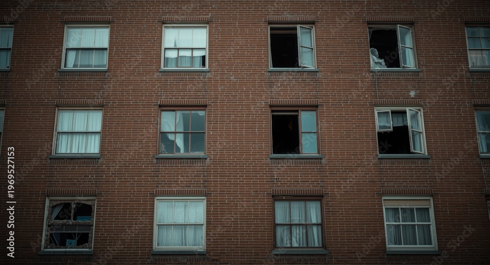 Obraz premium Brick apartment block with worn facade and damaged windows perfect for renovation work