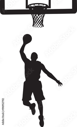 Basketball player leaps high into the air to dunk a basketball through the hoop, showcasing impressive athleticism and vertical jump.