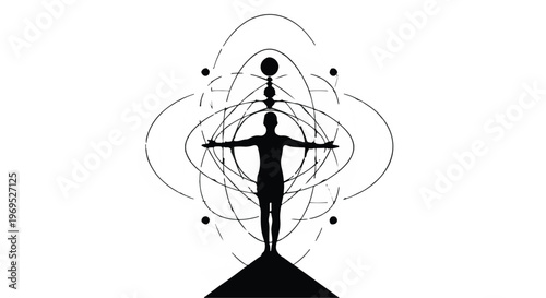 Silhouette of a person in a geometric cosmic energy field, representing connection and universal balance.