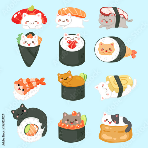 Cute sushi cat character clipart collection