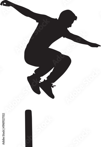 Parkour athlete silhouette leaps over a low obstacle in mid-air with arms outstretched.