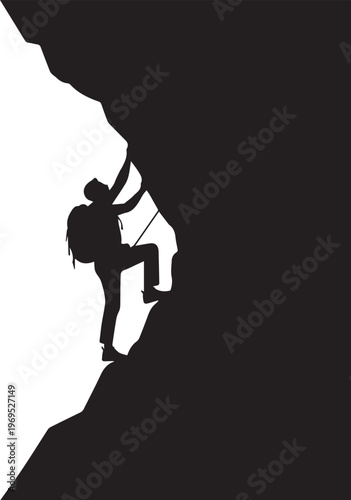 Rock climber silhouette with a backpack ascends a steep cliff face with one hand gripping the rock.
